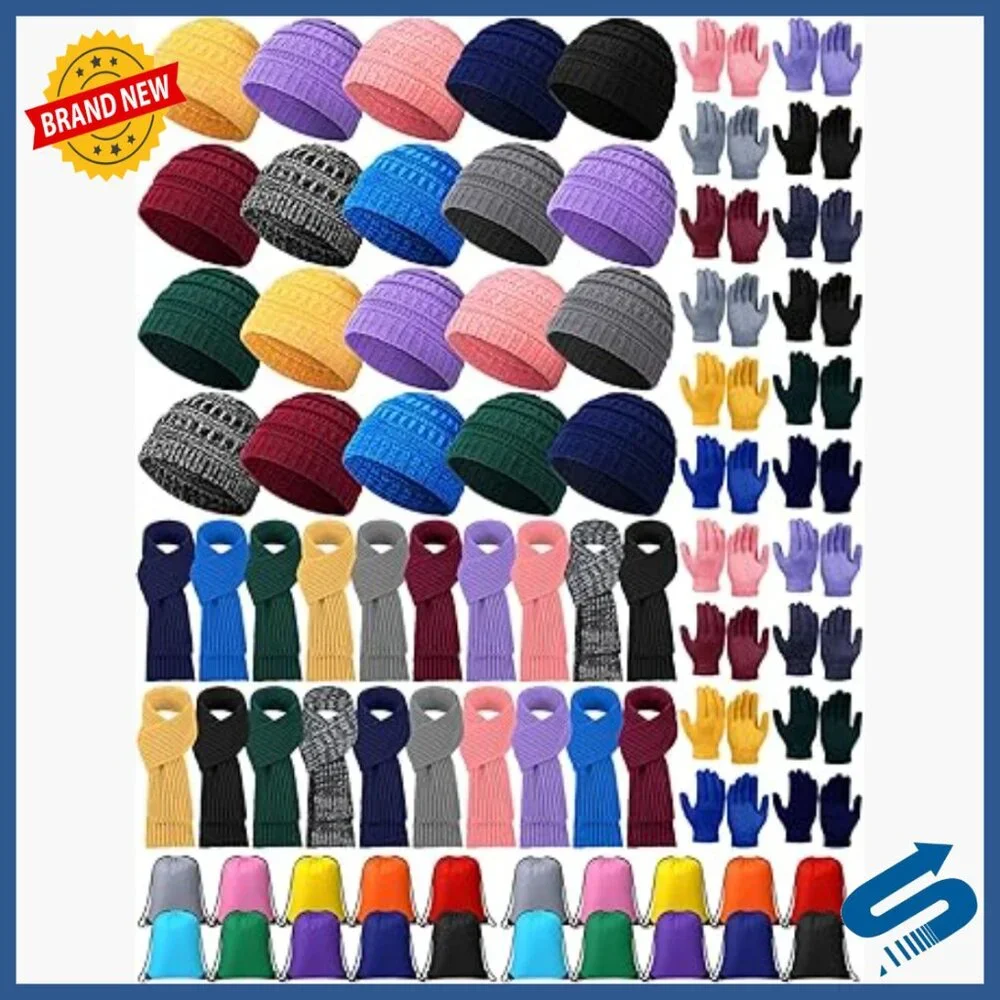 Kids Winter Hat Gloves Scarf Set for Ages 5-10, Knit Acrylic, 80 Pieces